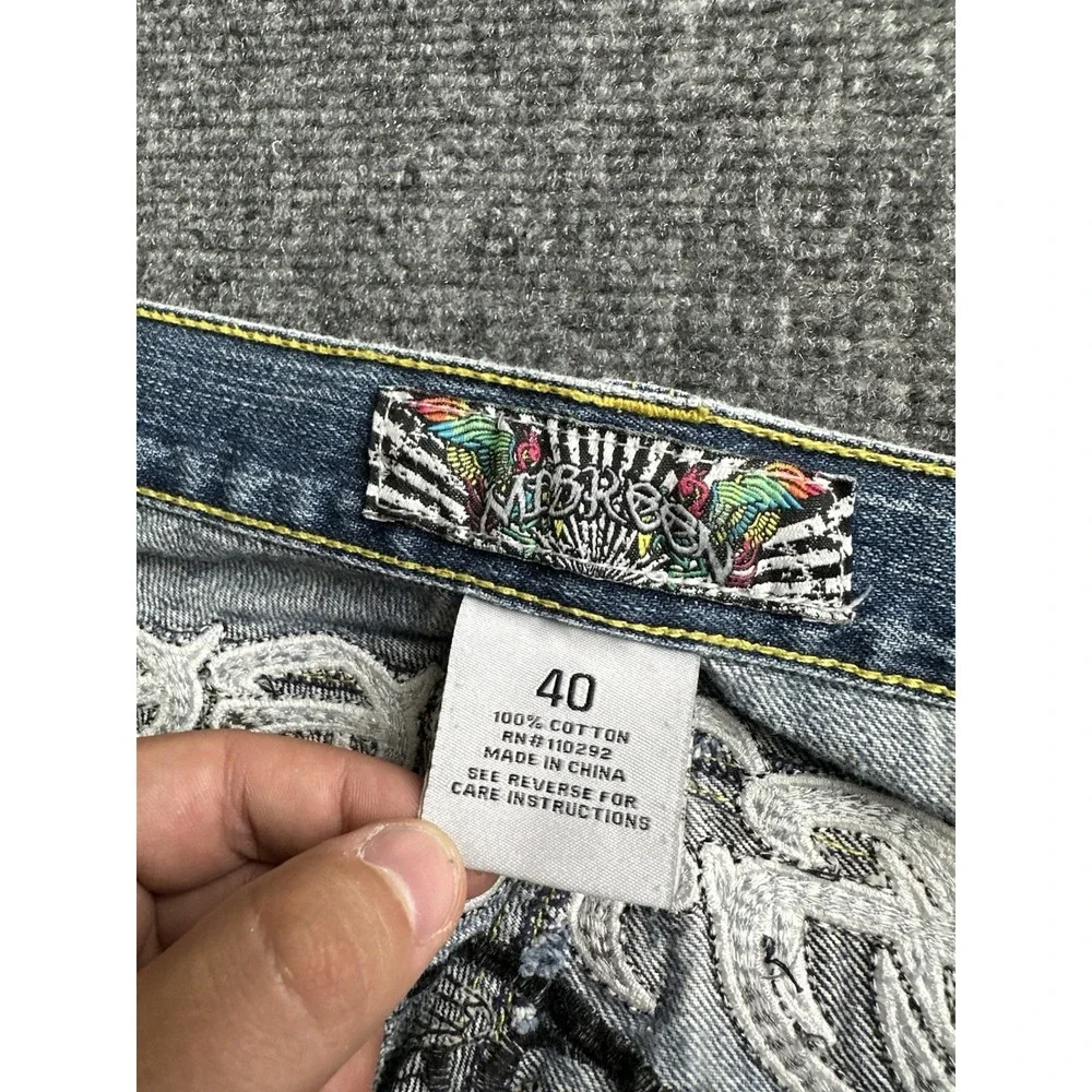 Mens Miskeen Originals Embroidered Skull Dragon Baggy Jeans, Size 40